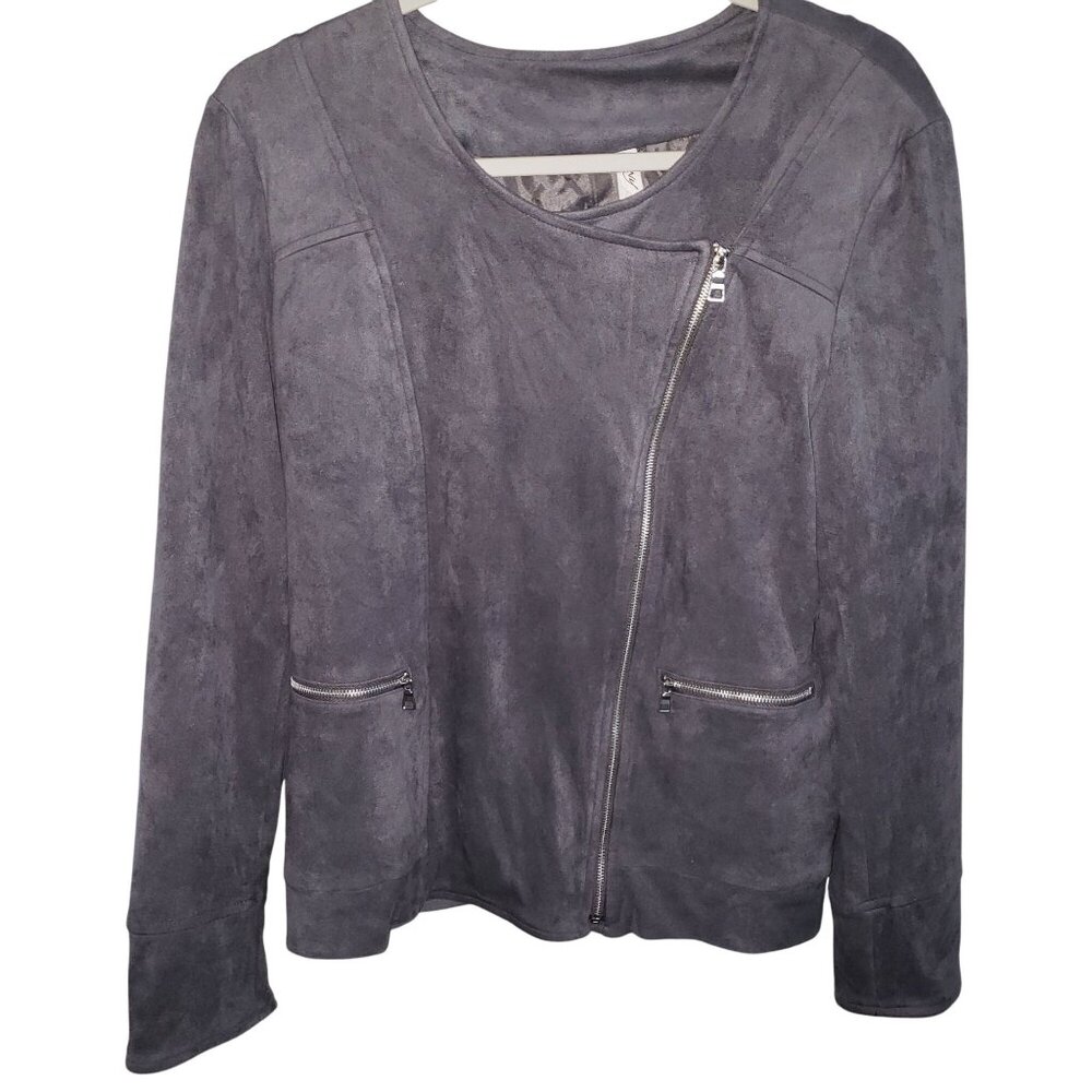NY Collection NWT Size M Faux Suede Gray Zip Jacket Front Zip Pockets Lined Moto